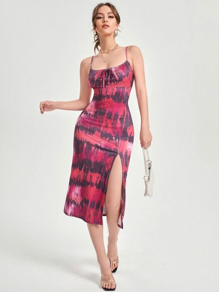 

tie dye tie front slit thigh cami dress u2x4#, Black;gray