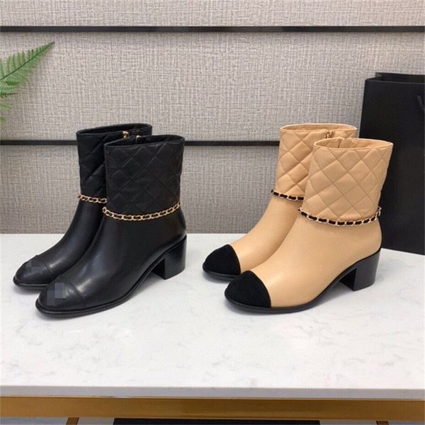 

boots autumn and winter elegant fashionable leather chain diamond lattice thick heel women's boots middle versatile lady's short x, Black