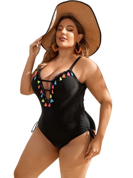 

plus tassel cut out drawstring side one piece swimsuit f4at#, White;black