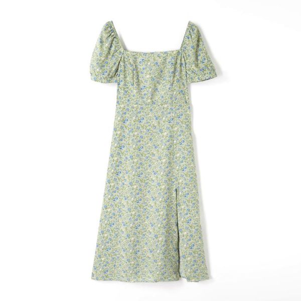 

casual dresses chic floral print split dress women elegant a line vintage summer 2022 short sleeve square collar, Black;gray