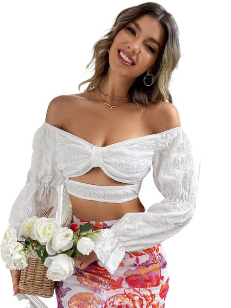

off shoulder cut-out flounce sleeve crop x2xt#, White