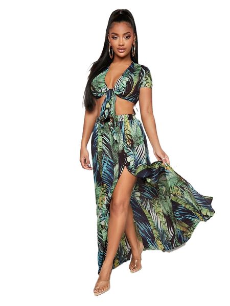 

sxy tropical print knot front & split thigh skirt m5tk#, White