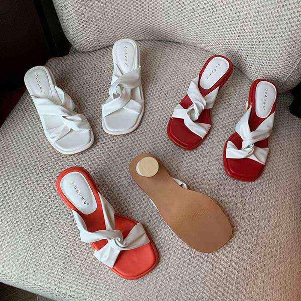 

slippers cross strap fashion women open toe shallow slip on thick high heels white red orange dress shoes woman pumps size 35 39 220328, Black
