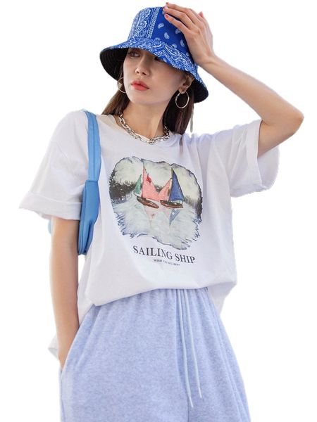 

dazy sailboat & slogan graphic drop shoulder tee b2ie#, White