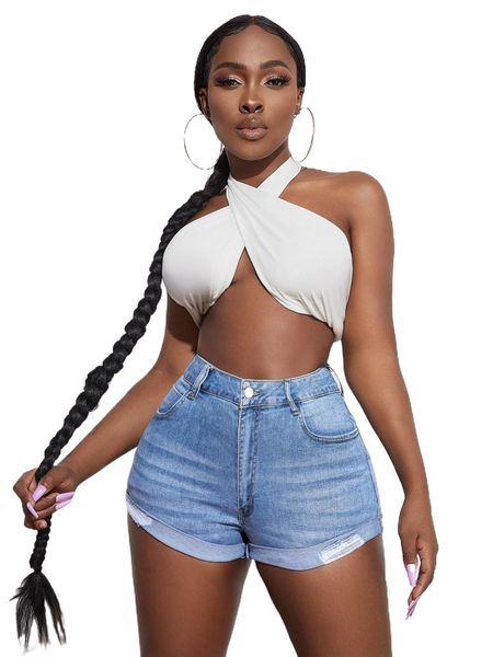 

sxy high waist ripped frayed roll hem denim shorts v7d8#, White;black