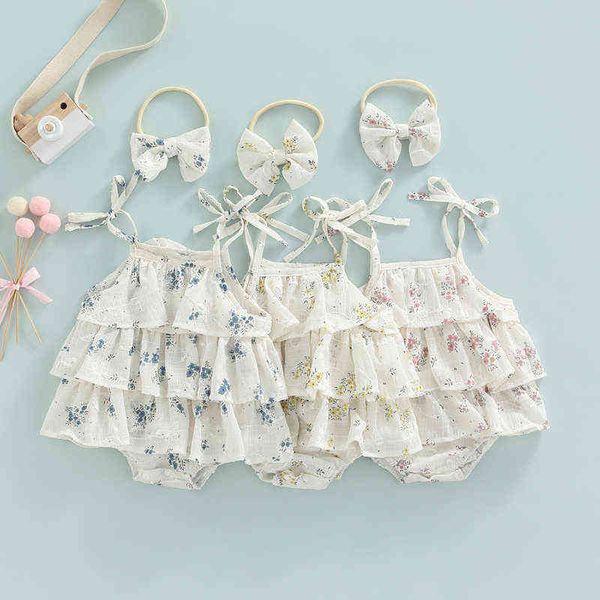 

baby summer girls elegant rompers princess tie-up sleeveless layered ruffles rompers jumpsuits headband casual sunsuits outfits g220521, Blue