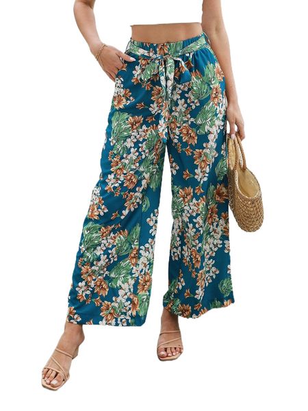 

floral print wide leg belted pants q96p#, Black;white