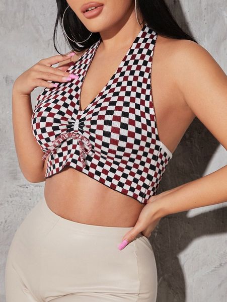 

checker print ruched bust knit f2eu#, White;black