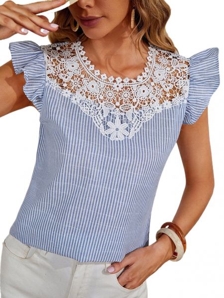 

striped contrast lace ruffle sleeve keyhole back blouse 760y#, White