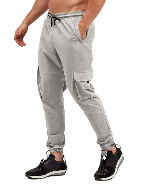 

men flap pocket side drawstring waist cargo pants v1el#, Black
