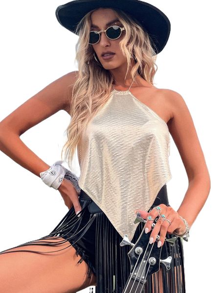 

hanky hem chain detail metallic halter l7ox#, White