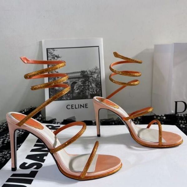 

rene caovilla cleo open toe sandals crystal embellished spiral snake tail sandals twining rhinestone sandal women blue orange stiletto heels, Black