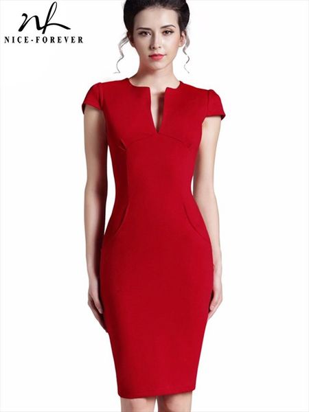

nice-forever office women dress vintage summer solid deep v neck zipper back formal stretch pencil work bodycon pocket 521, Black;gray