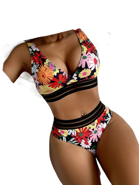 

floral contrast mesh bikini swimsuit b0hq#, White;black
