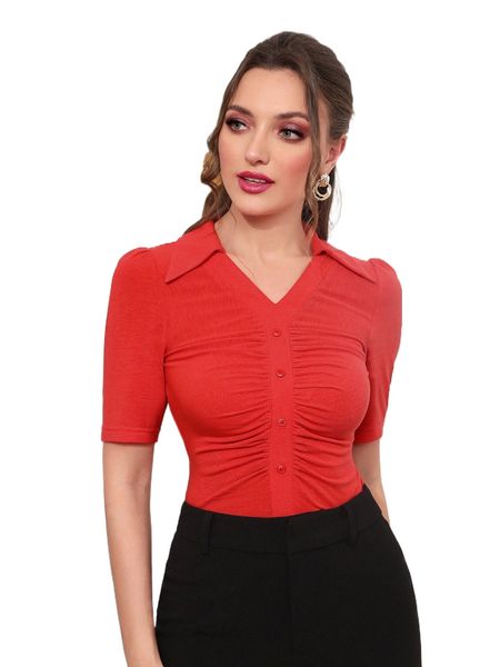 

ruched button front solid tee l1qh#, White