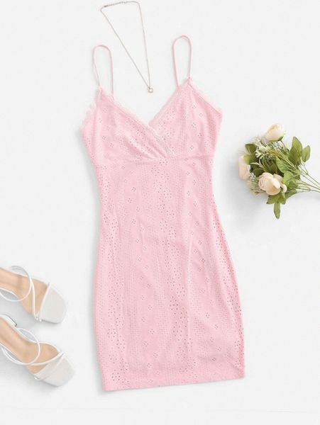 

lace trim surplice neck eyelet embroidery slip dress e4tf#, Black;gray
