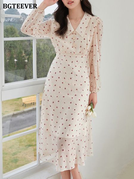 

elegant loose lapel printed women a-line dress long sleeve slim waist chic female chiffon dress vestidos 2022, Black;gray