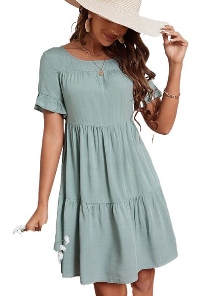

flounce sleeve ruffle hem smock dress w4xk#, Black;gray