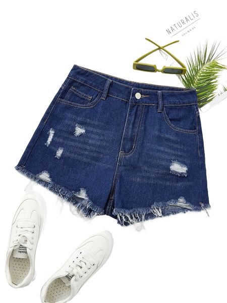 

ripped raw hem denim shorts x66i#, White;black