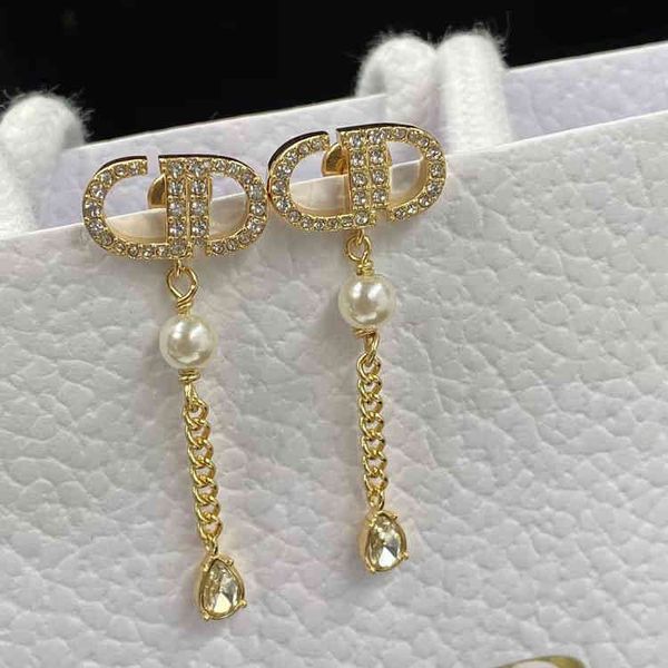 

2022 diamond twist chain pearl long earrings fashion 925 silver needle earrings female jewelry, Golden