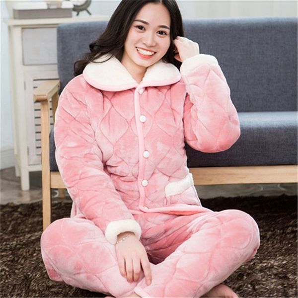 

2 piece lot winter women pajamas set sweet thick flannel long homewear sleep lounge velvet pajama female pyjama y200708, Black;red