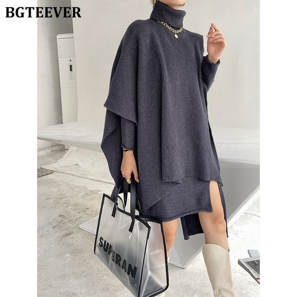 

winter chic women 2 pieces knitted set turtleneck irregular pullovers &amp long sleeve loose sweater dress vestidos, White;black