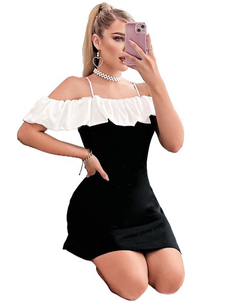 

contrast ruffle trim cold shoulder night dress y8tm#, Black;red