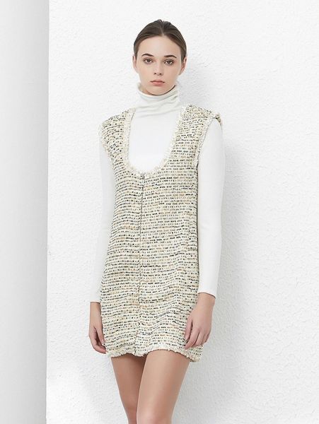 

zip front sleeveless tweed dress t785#, Black;gray