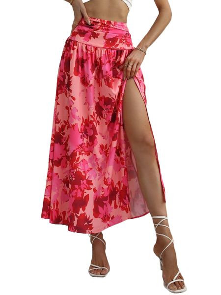 

allover floral print split thigh shirred skirt 064o#, Black