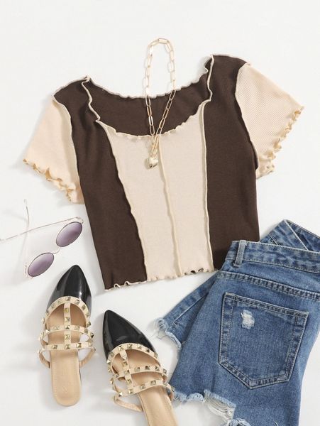 

colorblock lettuce trim rib-knit tee r9je#, White
