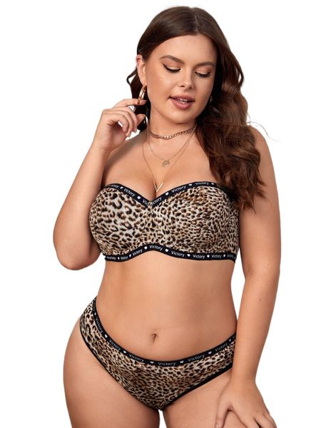 

plus leopard print letter tape panel underwire lingerie set 31gm#, Black;white