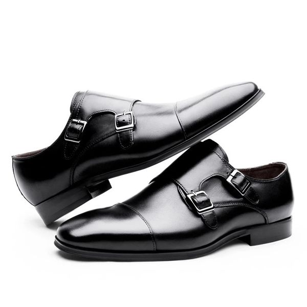 

leather shoes for men wedding office dress shoes handmade monk strap formal shoes men casual leather footwear y200420, Black