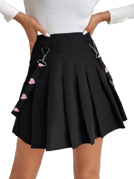 

petite high waist heart print key-holder strap pleated skirt f4tq#, Black