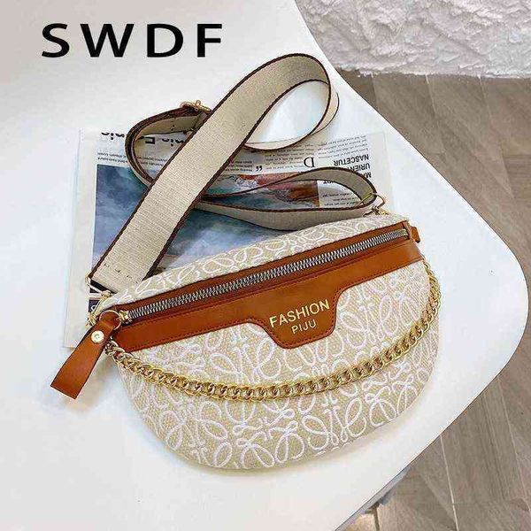 

women's waist bag canvas embroidery thread bag chain cross broadband 220422