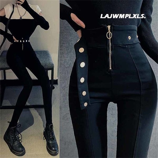 Autumn Spring Black Pernela Leggings Casual Elastic Alta Cintura Treada Ponta de metal feminino Metal Buttons era FINIST PENTAS 220701