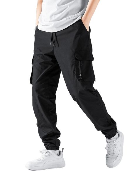 

men drawstring waist flap pocket cargo pants 86wn#, Black