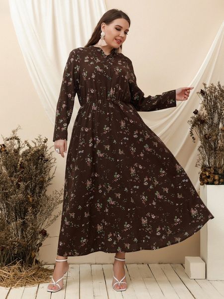 

plus floral print shirt dress g87b#, Black