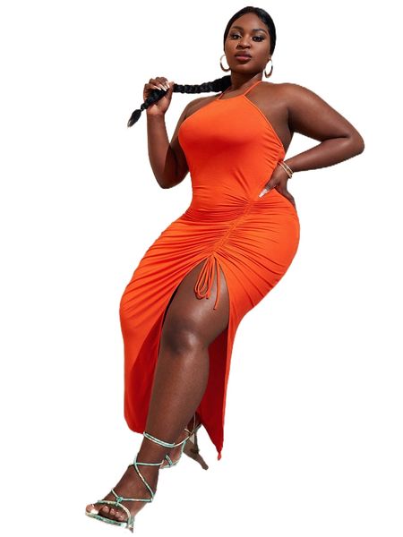 

sxy plus tie backless drawstring split thigh halter dress 89zk#, Black