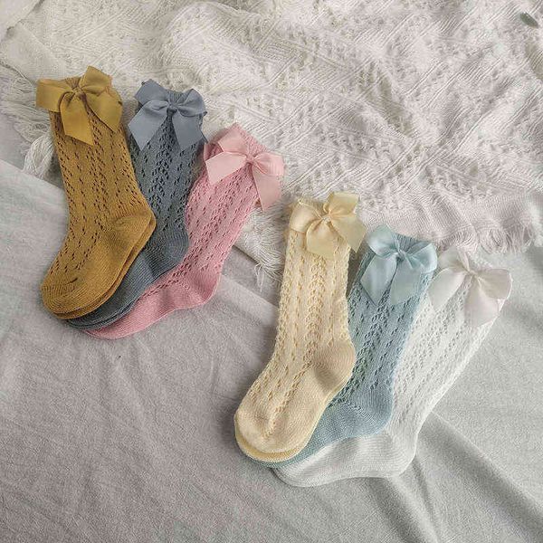 Calzini traspiranti in maglia di cotone con fiocco per bambini Calzini per bambini Neonate Calza a rete solida Calze antiscivolo a tubo medio Primavera Autunno J220621