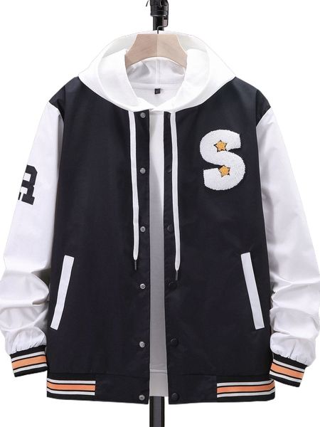 

men letter patched striped trim bomber jacket without hoodie 12bl#, Black;brown