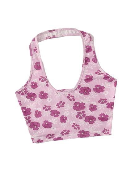 

petite floral print backless crop halter s9l8#, White