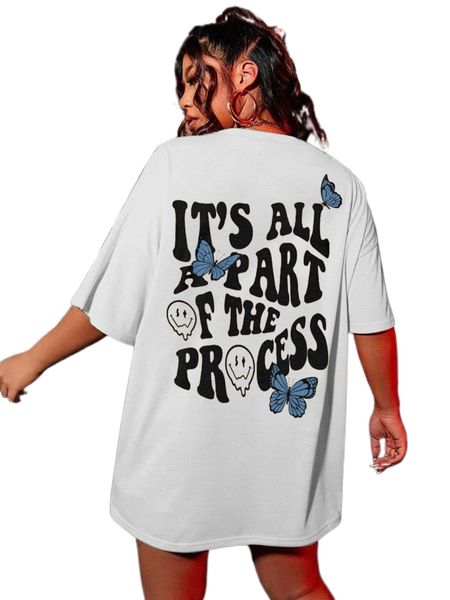 

plus slogan & butterfly print drop shoulder oversized tee 33cd#, Black