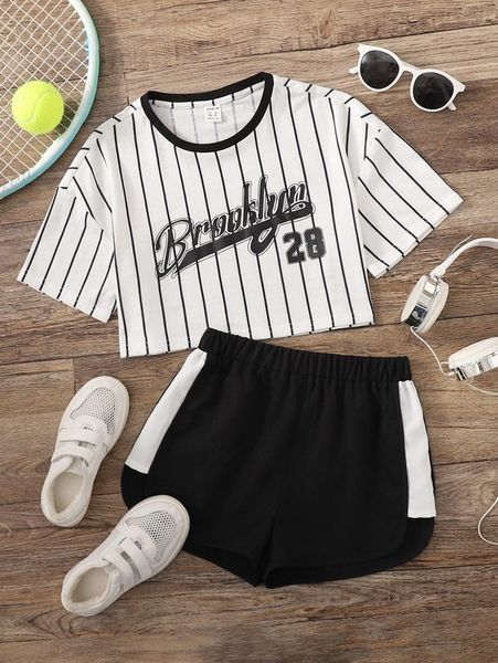 

girls striped & letter graphic tee and shorts set she, White