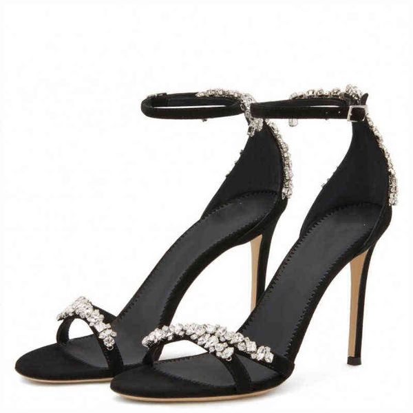 

open toe rhinestone one word buckle hollow sandals crystal women banquet elegant stiletto high heels women t220730, Black