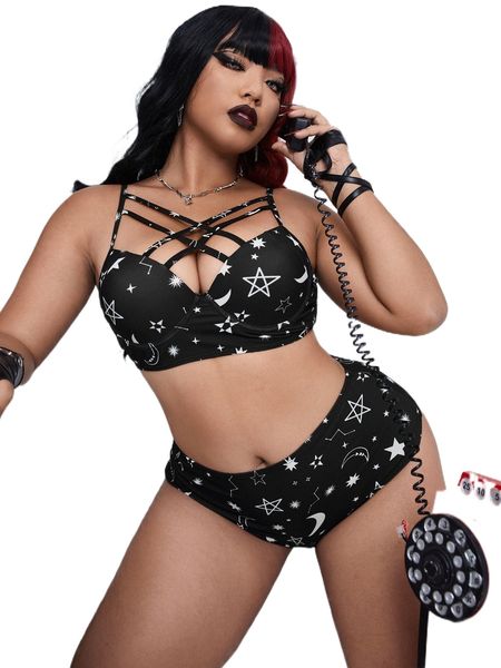 

plus star & moon print criss cross push up high waist bikini swimsuit j2oc#, White;black