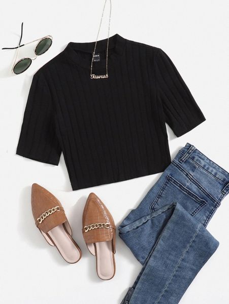 

solid rib knit crop tee t3l9#, White