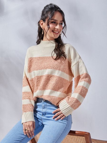 

color block mock neck drop shoulder sweater k85r#, White;black