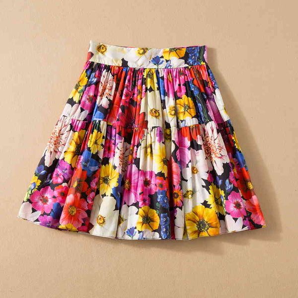 

skirts cotton skirt spring and summer 2022 high waist a-line large swing flower printed short for women shsj, Black