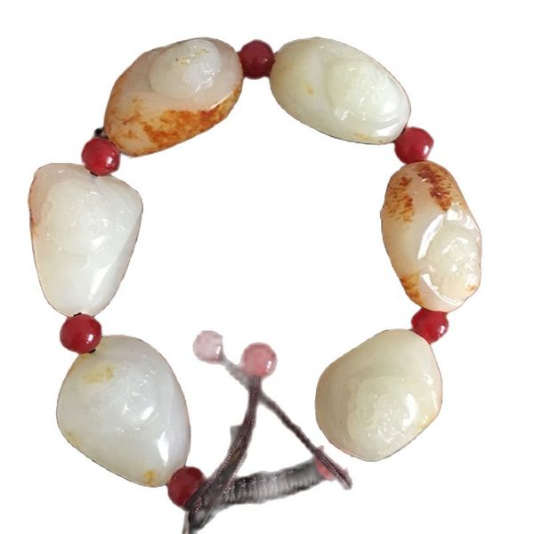 

natural seeds of xinjiang hetian jade seed carved maitreya buddha beads jade hand string a, Silver