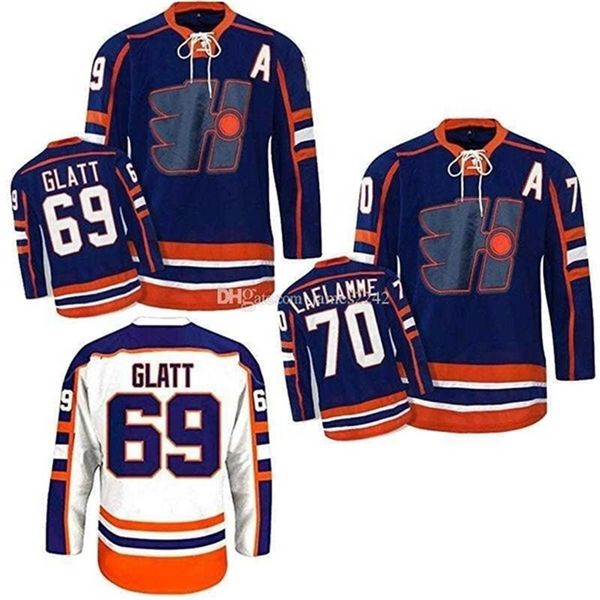 MThr NUOVO Goon Doug The Thug Glatt Halifax H # 69 Xavier LaFlamme # 70 Maglia da hockey su film Colore Blu Bianco S-3XL